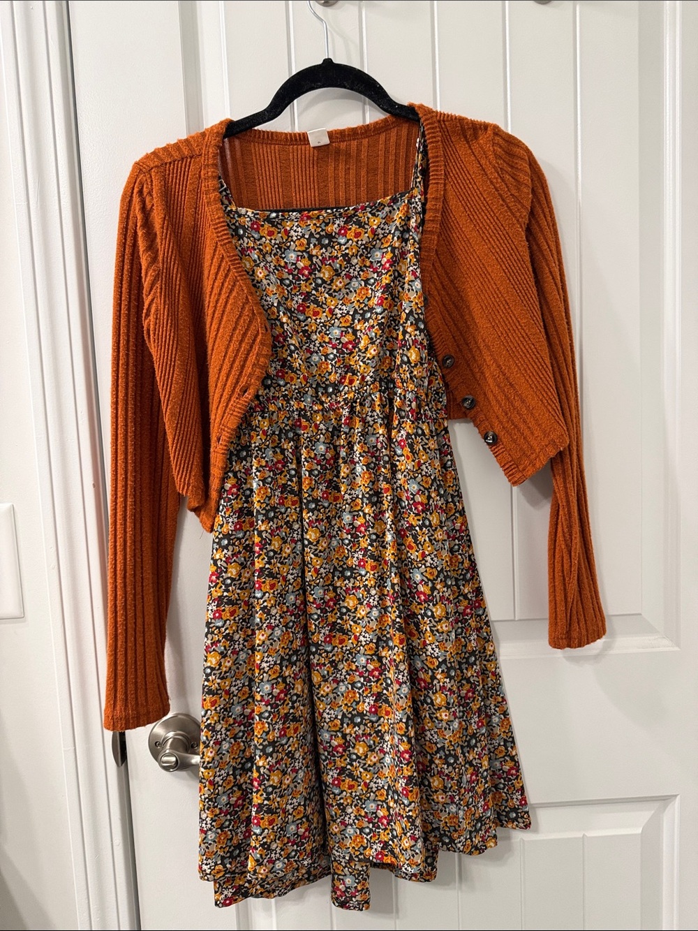 Girls size 14 Rust Orange Floral Fit-and-Flare Dress with Matching Cardigan